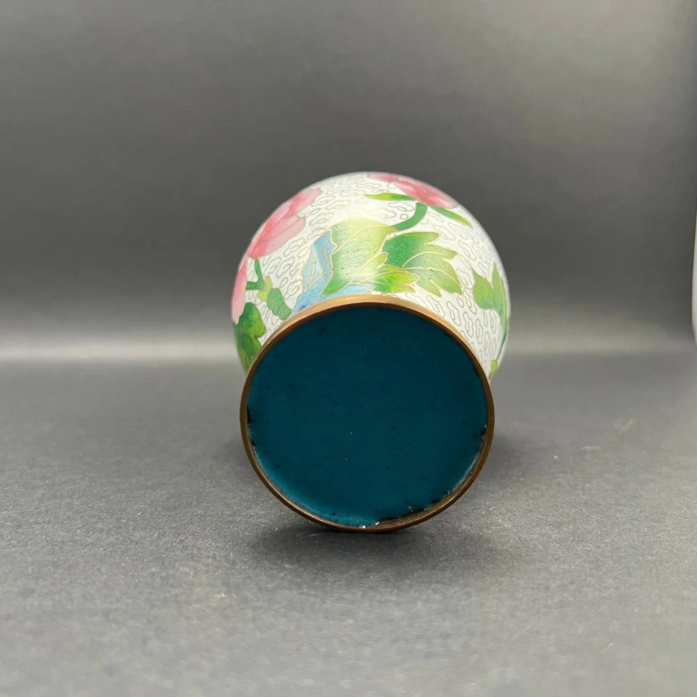 Vintage Cloisonne Vase White Floral Bird Peony Brass 5